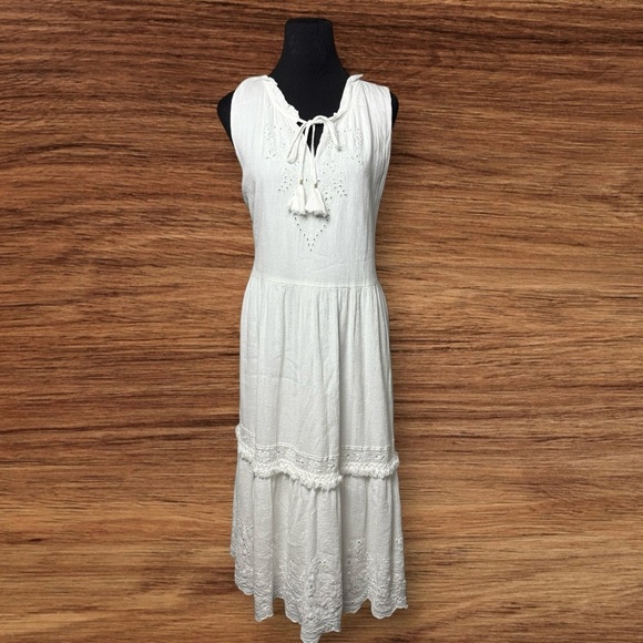 Johnny Was Jade Dress Midi White Embroidered Eyelet Boho Tiered Lined SZ L Cotta - Picture 14 of 15